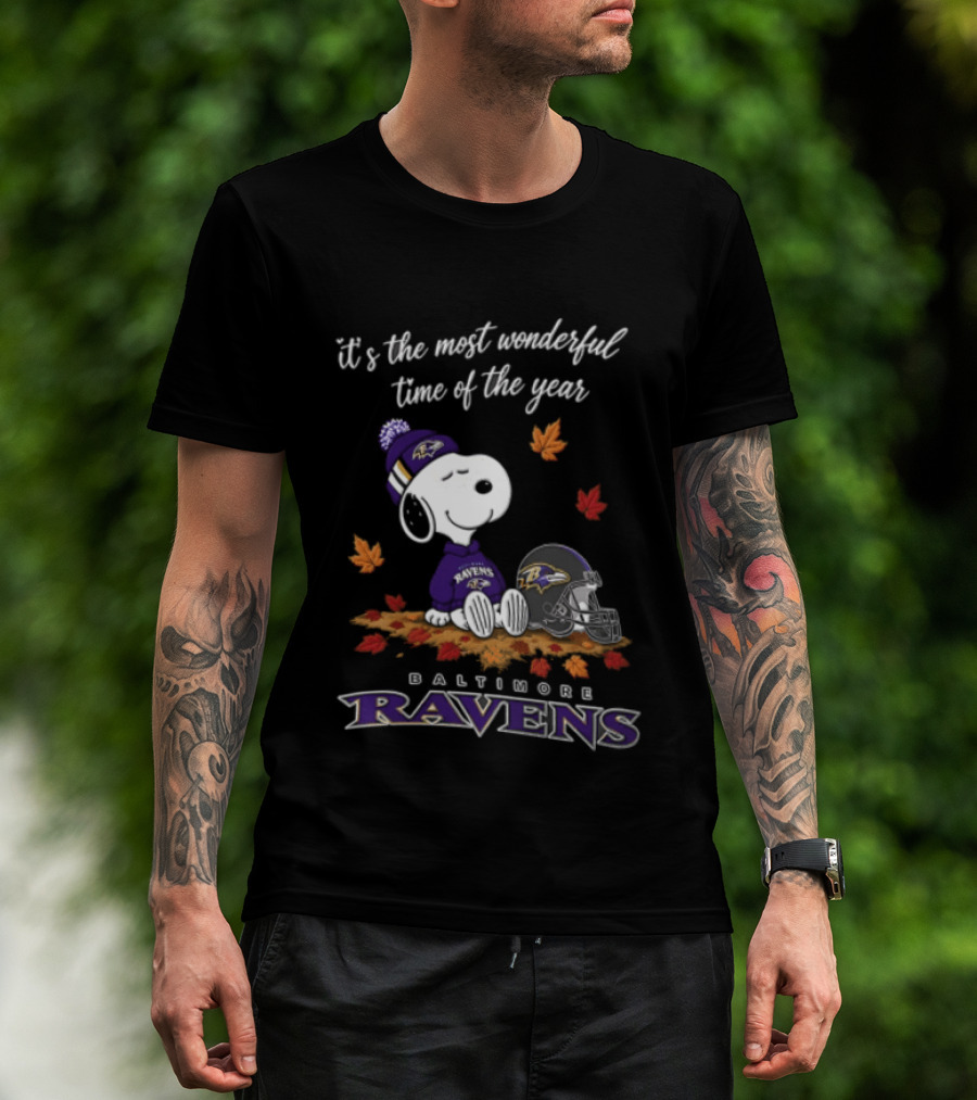 It's The Most Wonderful Time Of The Year Snoopy Baltimore Ravens Beagle Beanie Helmet Autumn Leaves T-Shirt