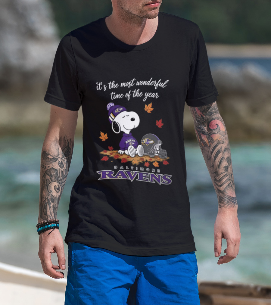 It's The Most Wonderful Time Of The Year Snoopy Baltimore Ravens Beagle Beanie Helmet Autumn Leaves T-Shirt