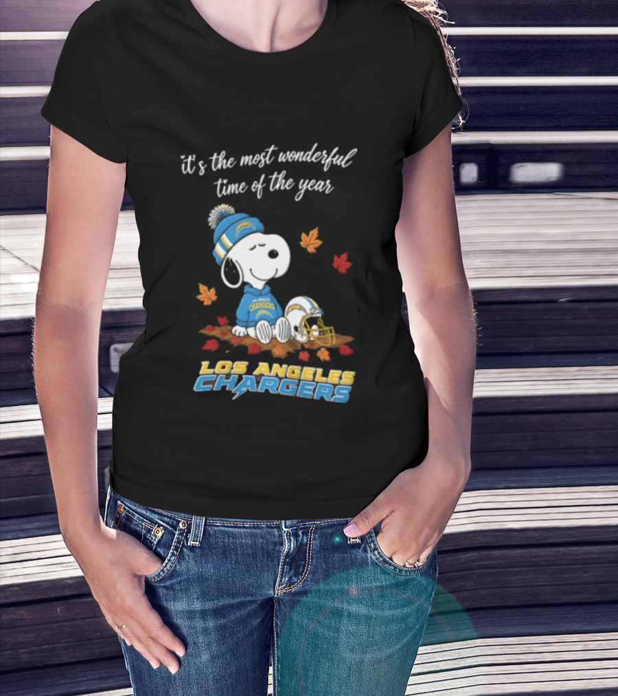 It's The Most Wonderful Time Of The Year Snoopy Los Angeles Chargers Beanie Autumn Leaves Football Helmet T-Shirt