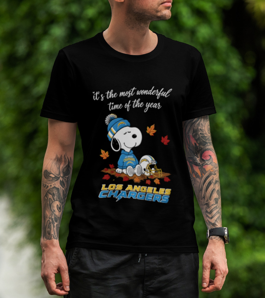 It's The Most Wonderful Time Of The Year Snoopy Los Angeles Chargers Beanie Autumn Leaves Football Helmet T-Shirt