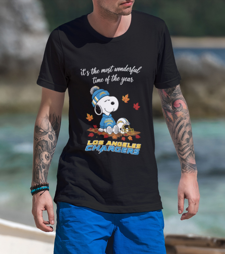 It's The Most Wonderful Time Of The Year Snoopy Los Angeles Chargers Beanie Autumn Leaves Football Helmet T-Shirt