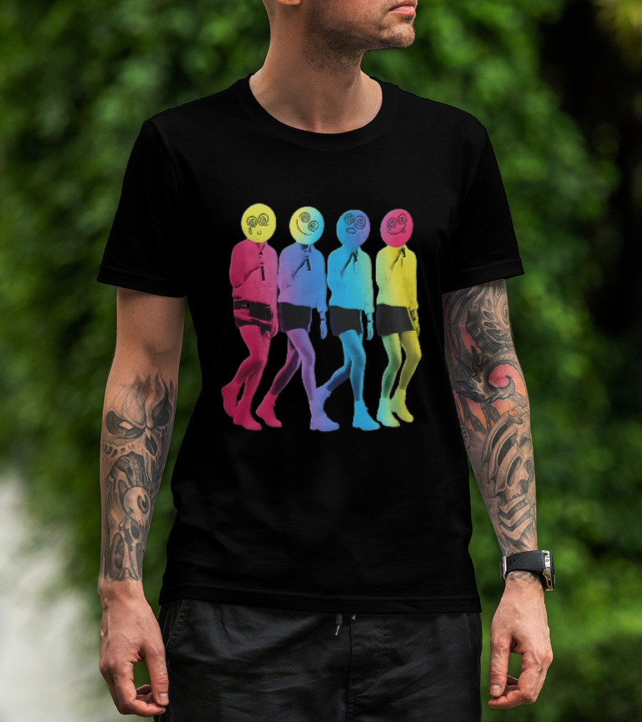 Four Neon Spiral Smileys Singing Colorful Figures T-Shirt