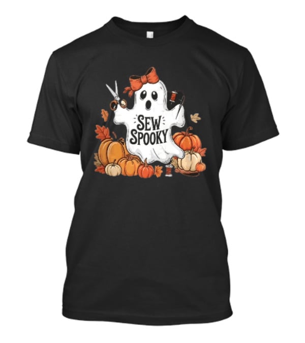 Sew Spooky Ghost With Bow Scissors Pumpkins Autumn Leaves Thread Spools T-Shirt