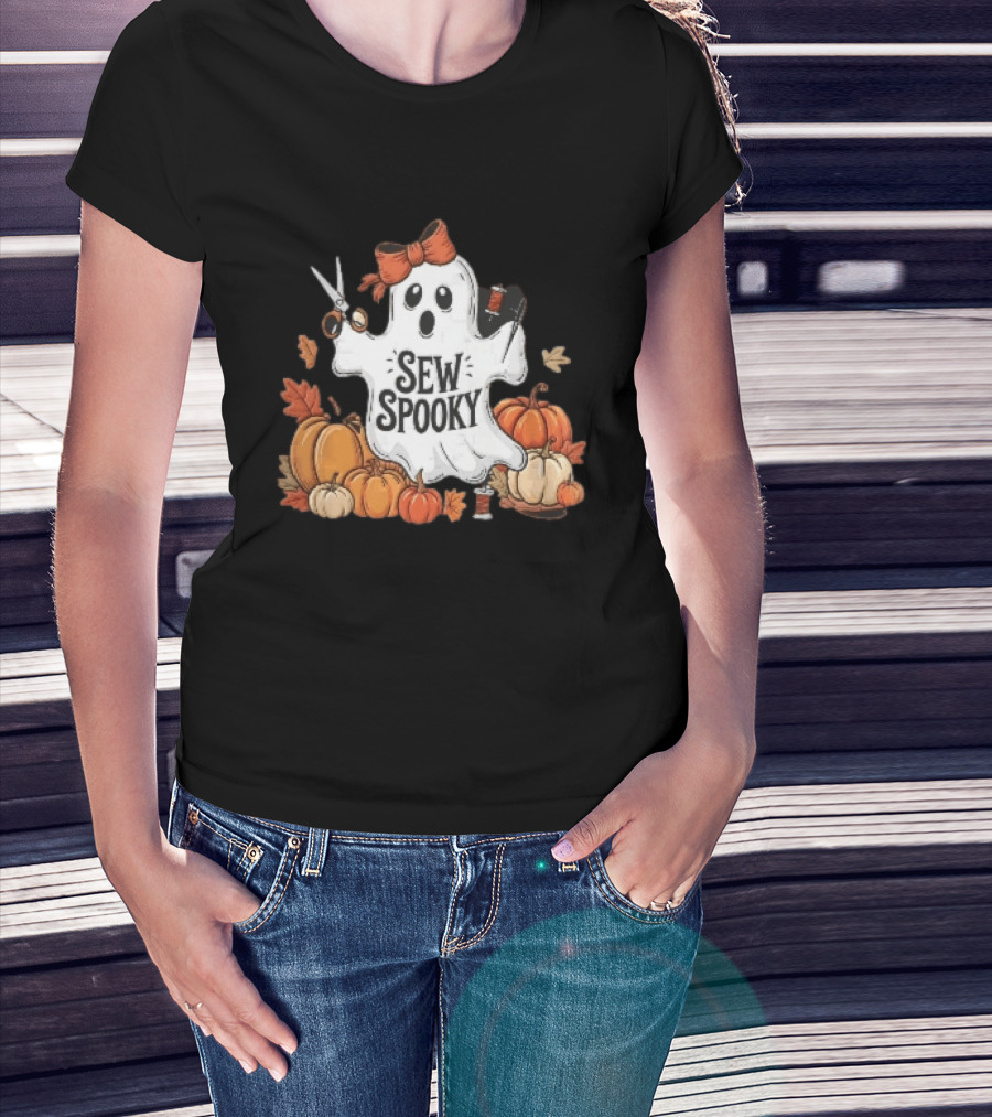 Sew Spooky Ghost With Bow Scissors Pumpkins Autumn Leaves Thread Spools T-Shirt