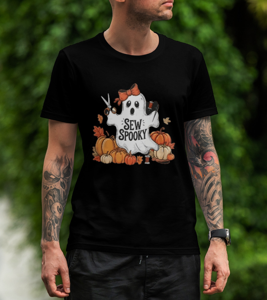 Sew Spooky Ghost With Bow Scissors Pumpkins Autumn Leaves Thread Spools T-Shirt