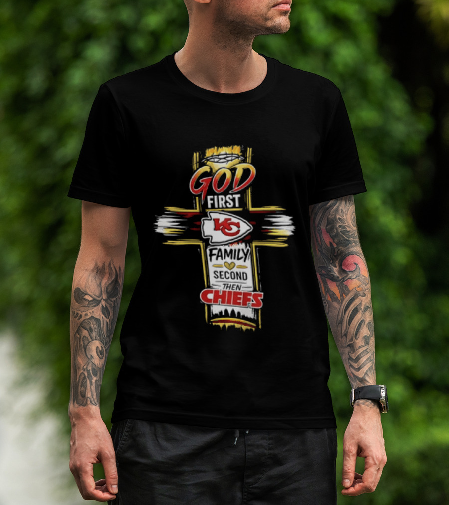 God First Family Second Kansas City Chiefs Cross Crown Of Thorns T-Shirt