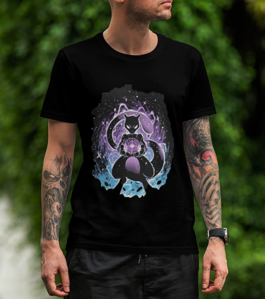 Mewtwo Cosmic Purple Energy Sphere Galaxy Stars Blue Flames T-Shirt