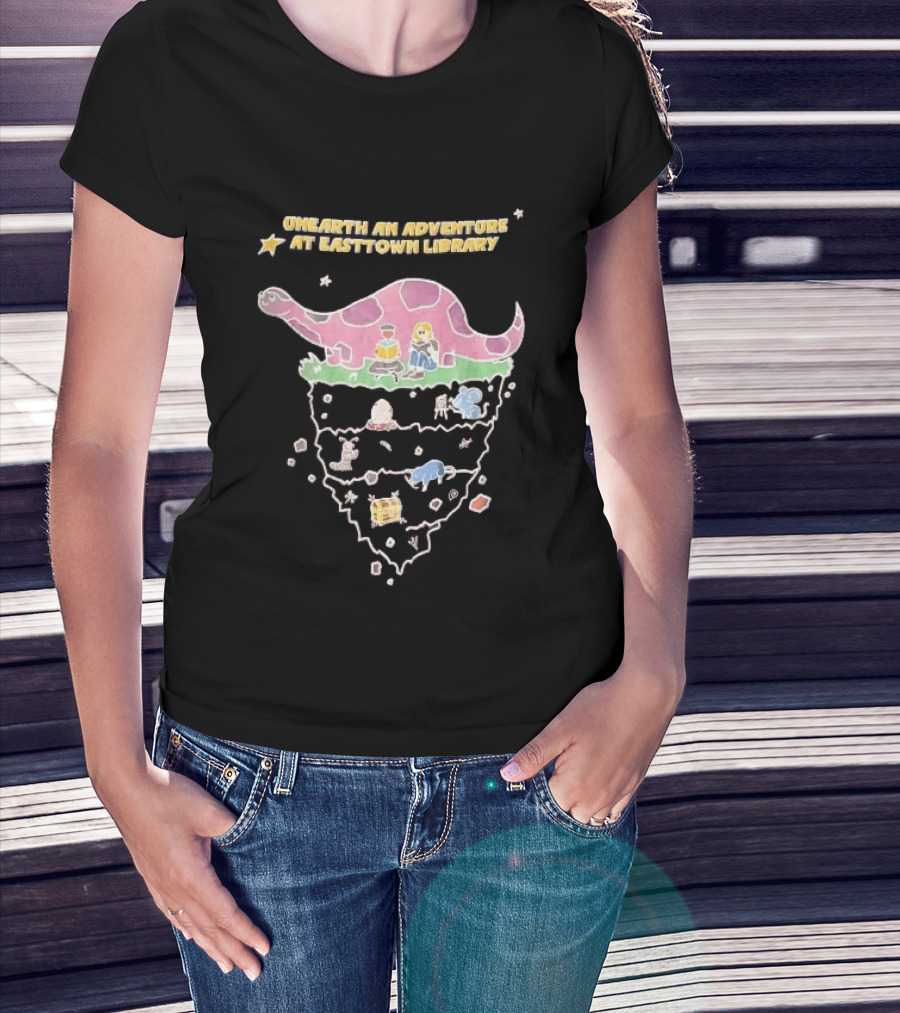 Unearth An Adventure At Easttown Library Pink Dinosaur Journey T-Shirt