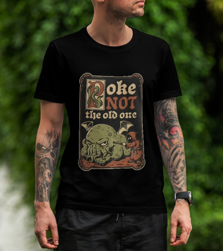 Poke Not The Old One Chibi Cthulhu Hooded Cultist Poking Stick Cartoon Frame T-Shirt