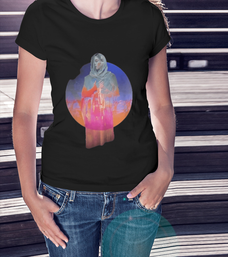 Veiled Hooded Cloak Double Exposure Bare Trees Glowing Sunset Globe T-Shirt