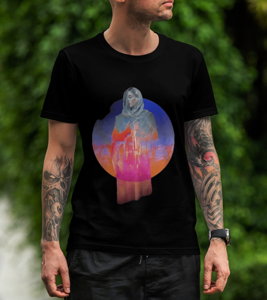 Veiled Hooded Cloak Double Exposure Bare Trees Glowing Sunset Globe T-Shirt