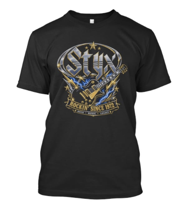 Styx Rockin Since 1972 Electric Guitar Lightning Metallic Crest T-Shirt