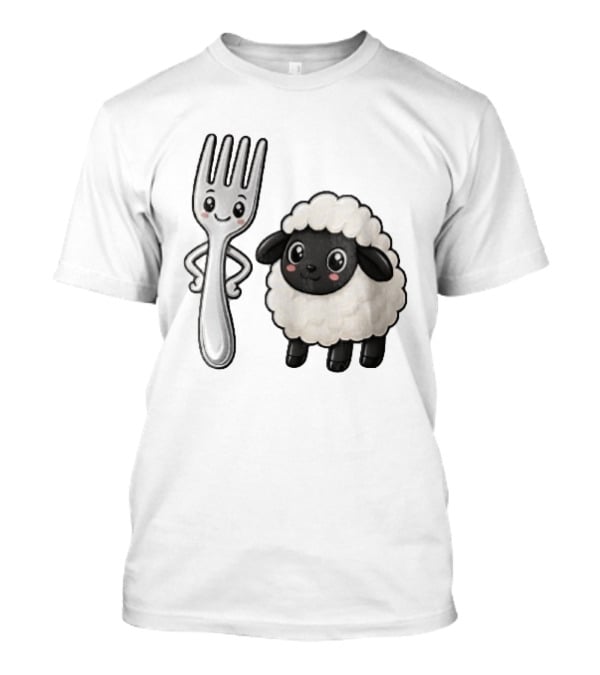 Chibi Style Silver Fork And Cute Black Faced Lamb Cartoon T-Shirt