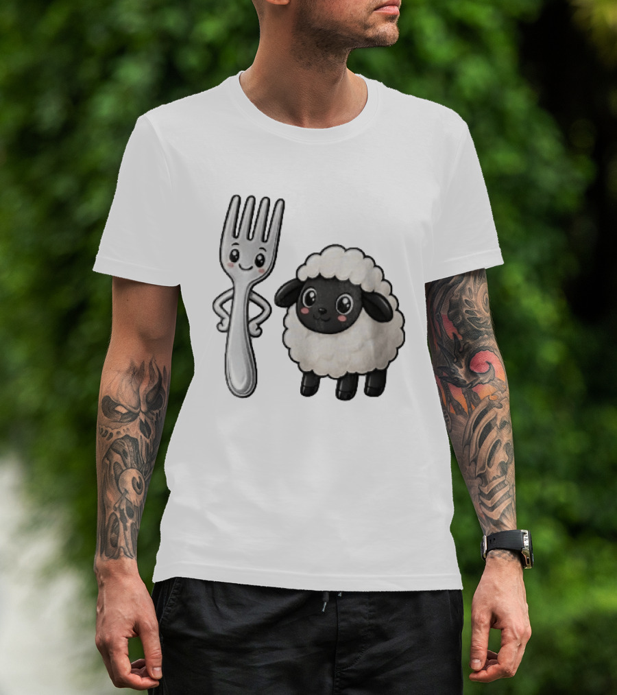 Chibi Style Silver Fork And Cute Black Faced Lamb Cartoon T-Shirt