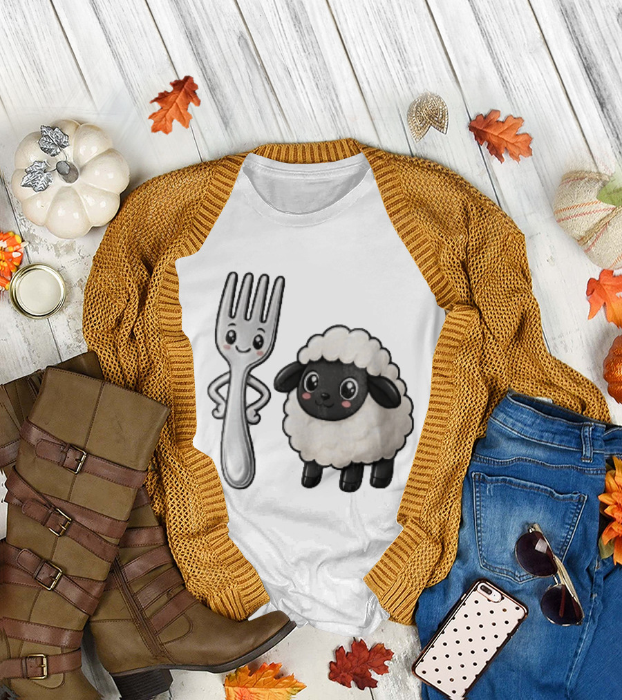 Chibi Style Silver Fork And Cute Black Faced Lamb Cartoon T-Shirt