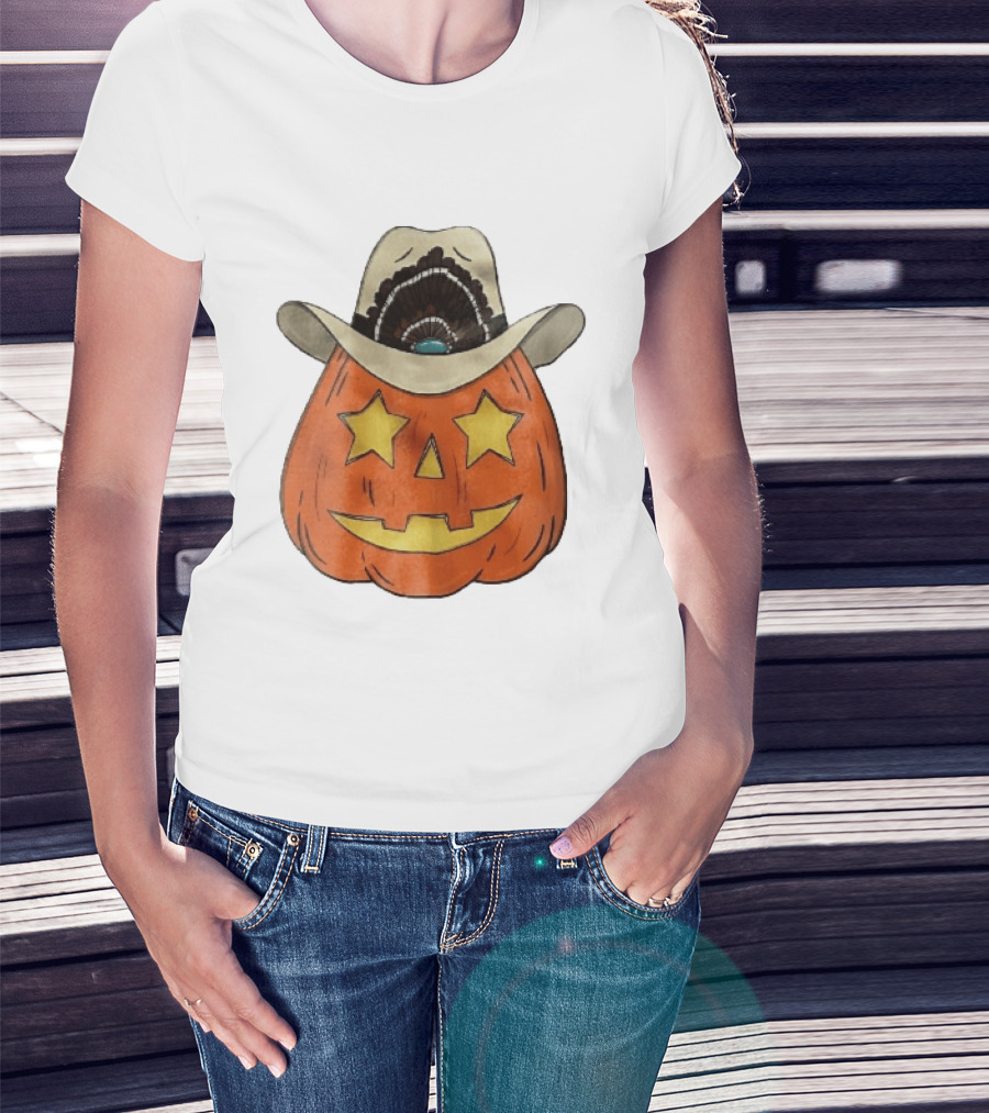 Starry Eyed Jack O Lantern Pumpkin Cowboy Hat Feather T-Shirt