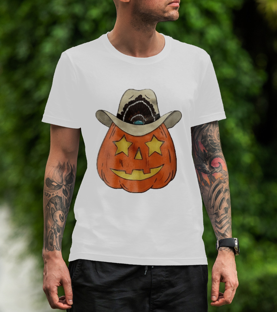Starry Eyed Jack O Lantern Pumpkin Cowboy Hat Feather T-Shirt