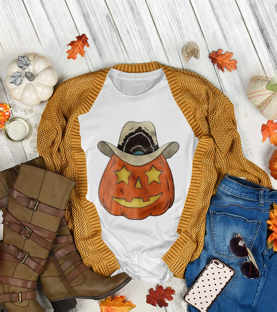 Starry Eyed Jack O Lantern Pumpkin Cowboy Hat Feather T-Shirt