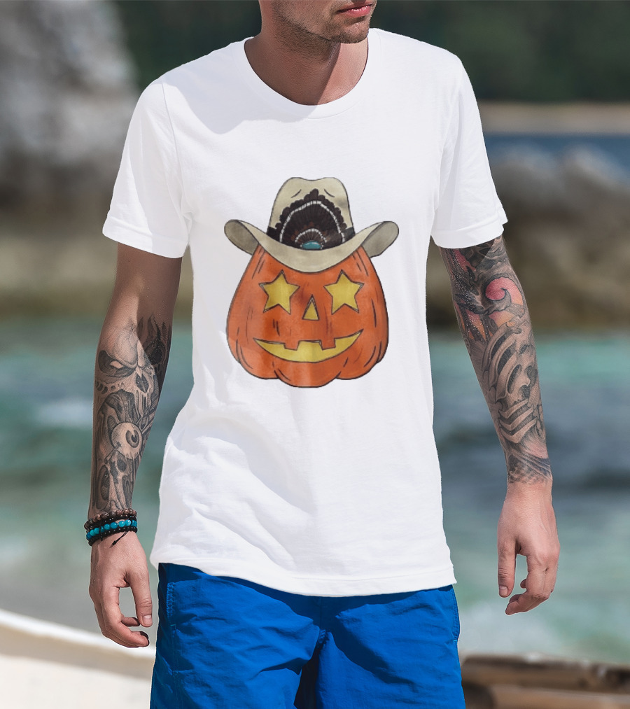 Starry Eyed Jack O Lantern Pumpkin Cowboy Hat Feather T-Shirt