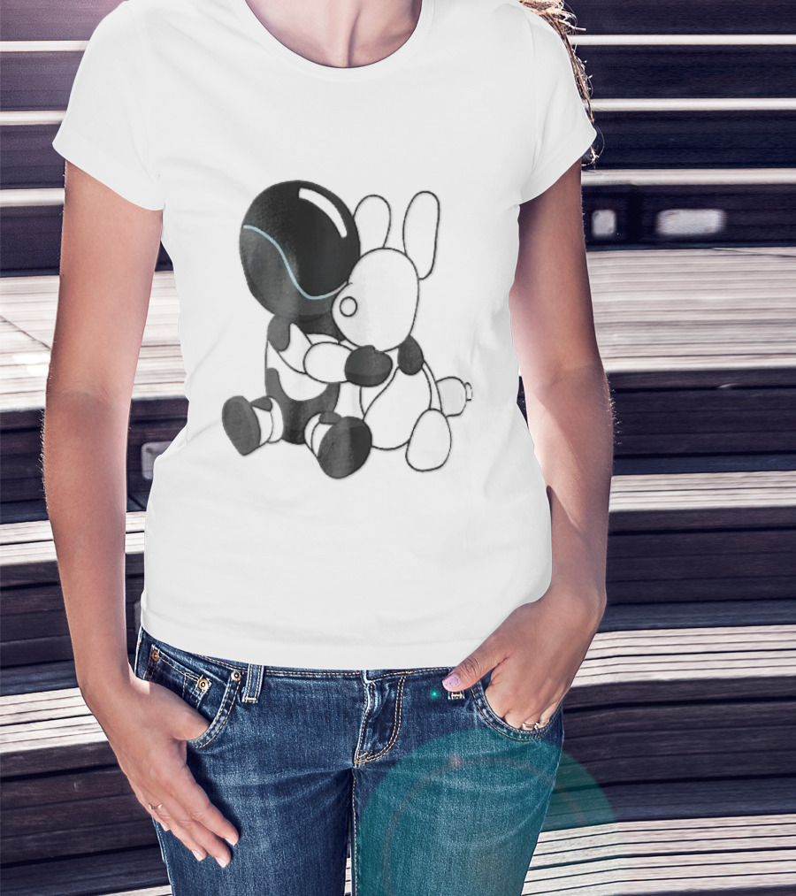 Cartoon Robot Embracing White Bunny Plush Toy T-Shirt