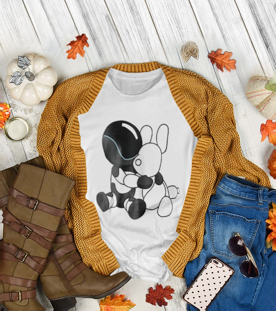 Cartoon Robot Embracing White Bunny Plush Toy T-Shirt