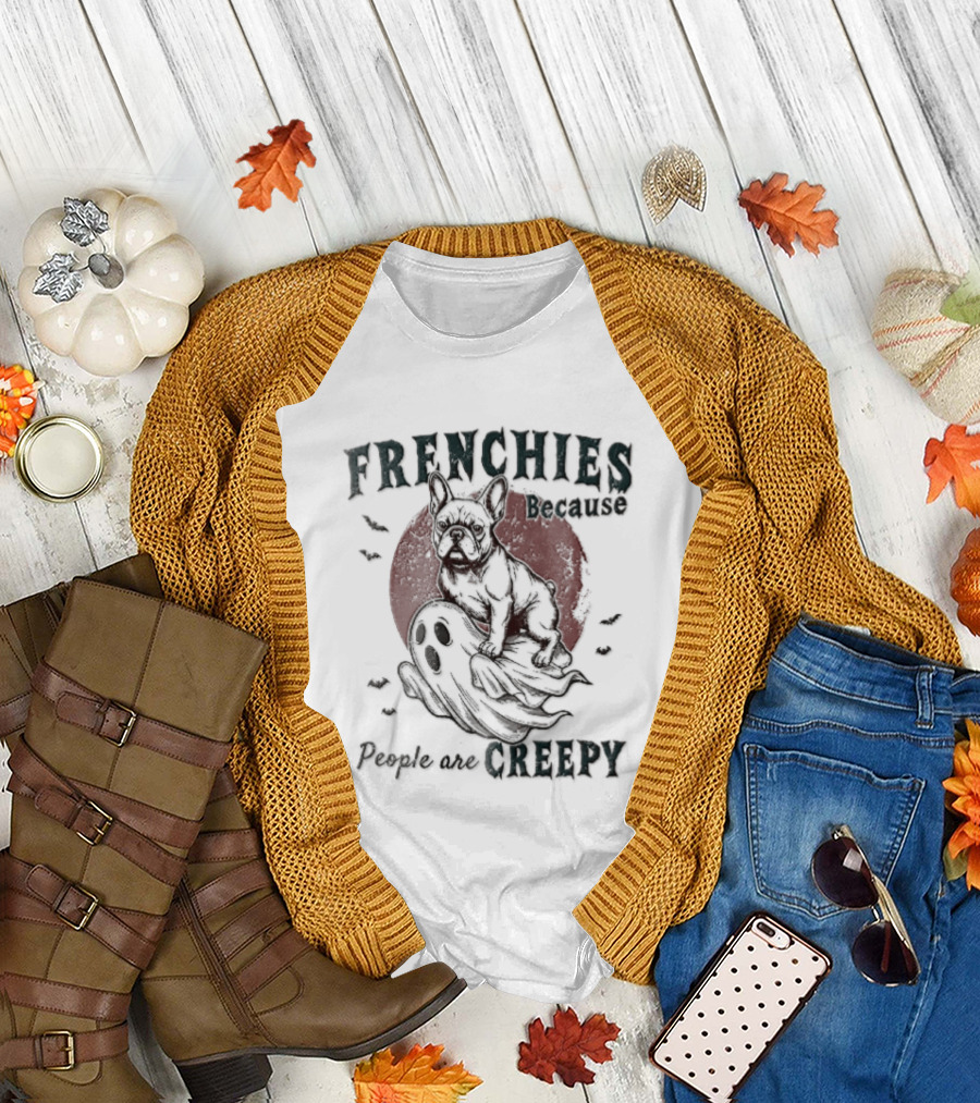 Frenchies Because People Are Creepy Bulldog Ghost Bats Red Moon Distressed T-Shirt