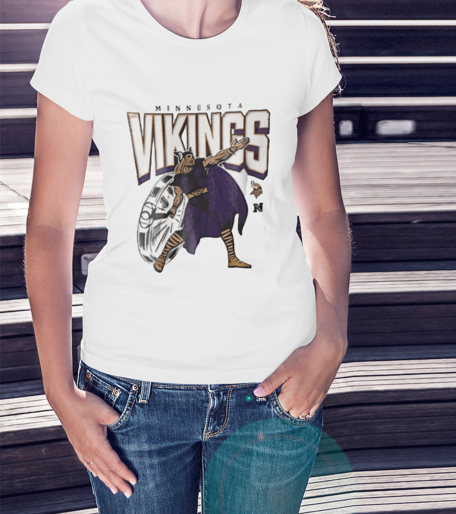 Minnesota Vikings Horned Helmet Warrior With Chrome Shield And Purple Cape T-Shirt