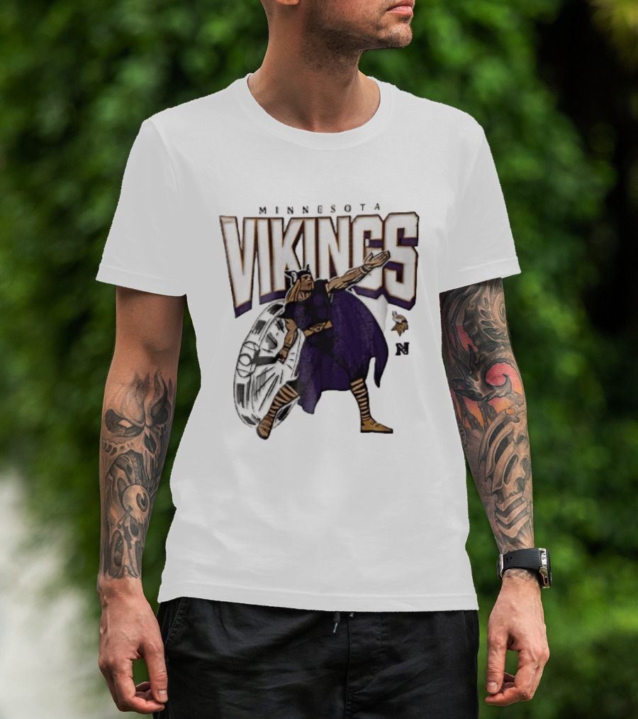 Minnesota Vikings Horned Helmet Warrior With Chrome Shield And Purple Cape T-Shirt