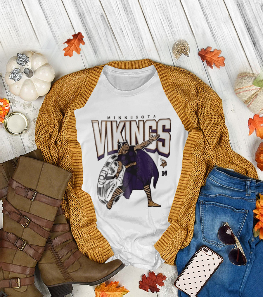 Minnesota Vikings Horned Helmet Warrior With Chrome Shield And Purple Cape T-Shirt