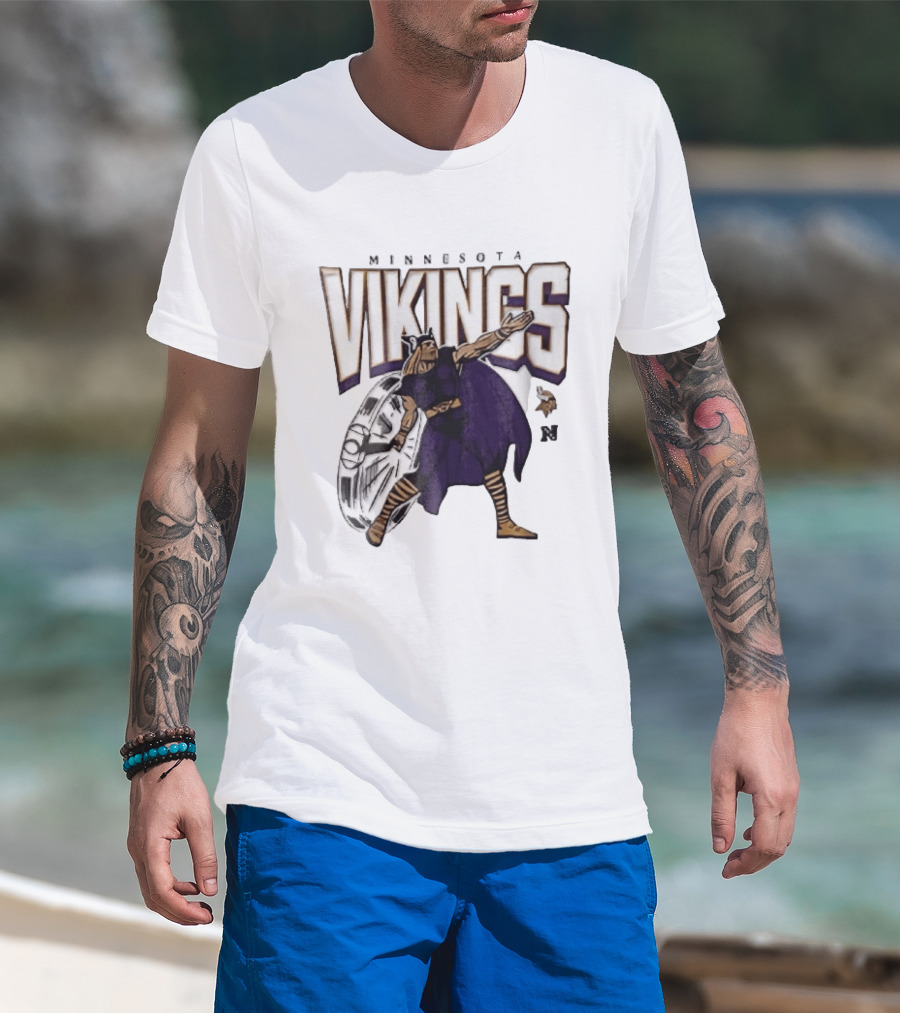 Minnesota Vikings Horned Helmet Warrior With Chrome Shield And Purple Cape T-Shirt