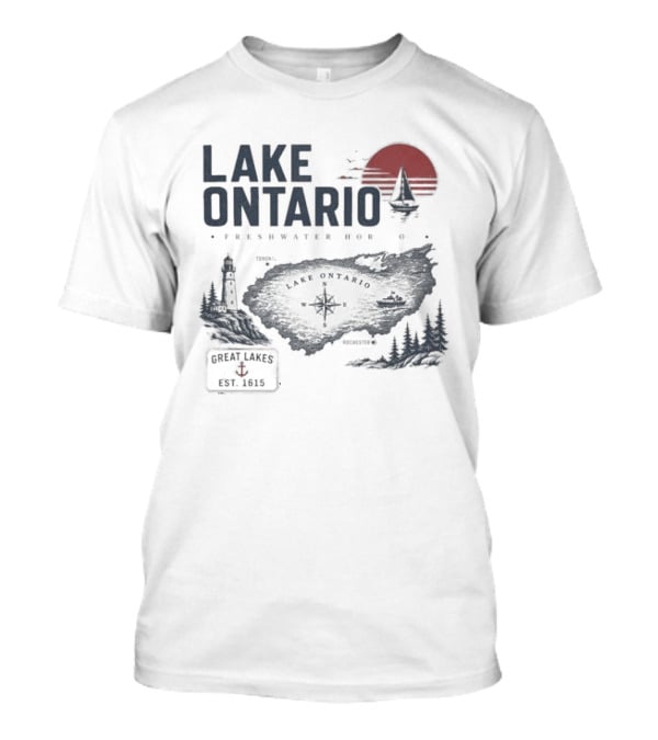 Lake Ontario Rochester Great Lakes Est 1615 Vintage Scenic Sunset License Plate Anchored Sailboat Lighthouse T-Shirt