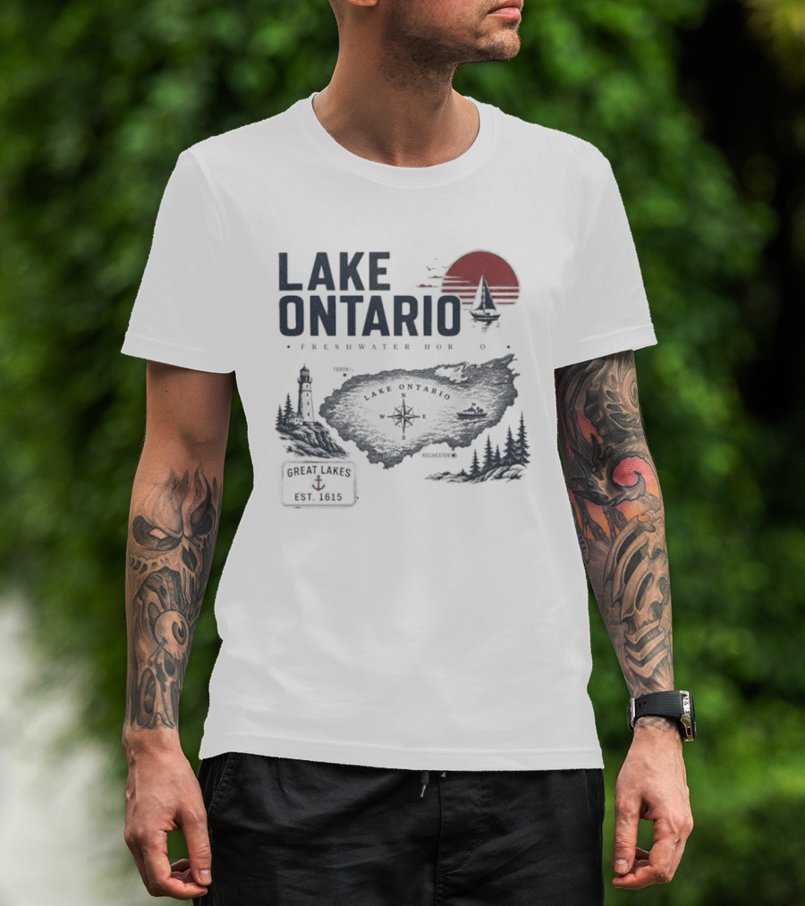 Lake Ontario Rochester Great Lakes Est 1615 Vintage Scenic Sunset License Plate Anchored Sailboat Lighthouse T-Shirt