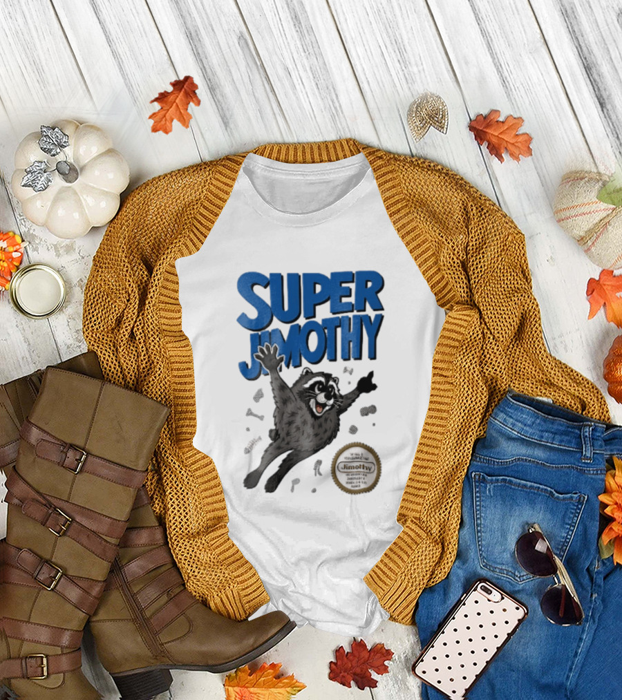 Super Jimothy Cartoon Flying Raccoon Trash Scraps Gold Seal T-Shirt