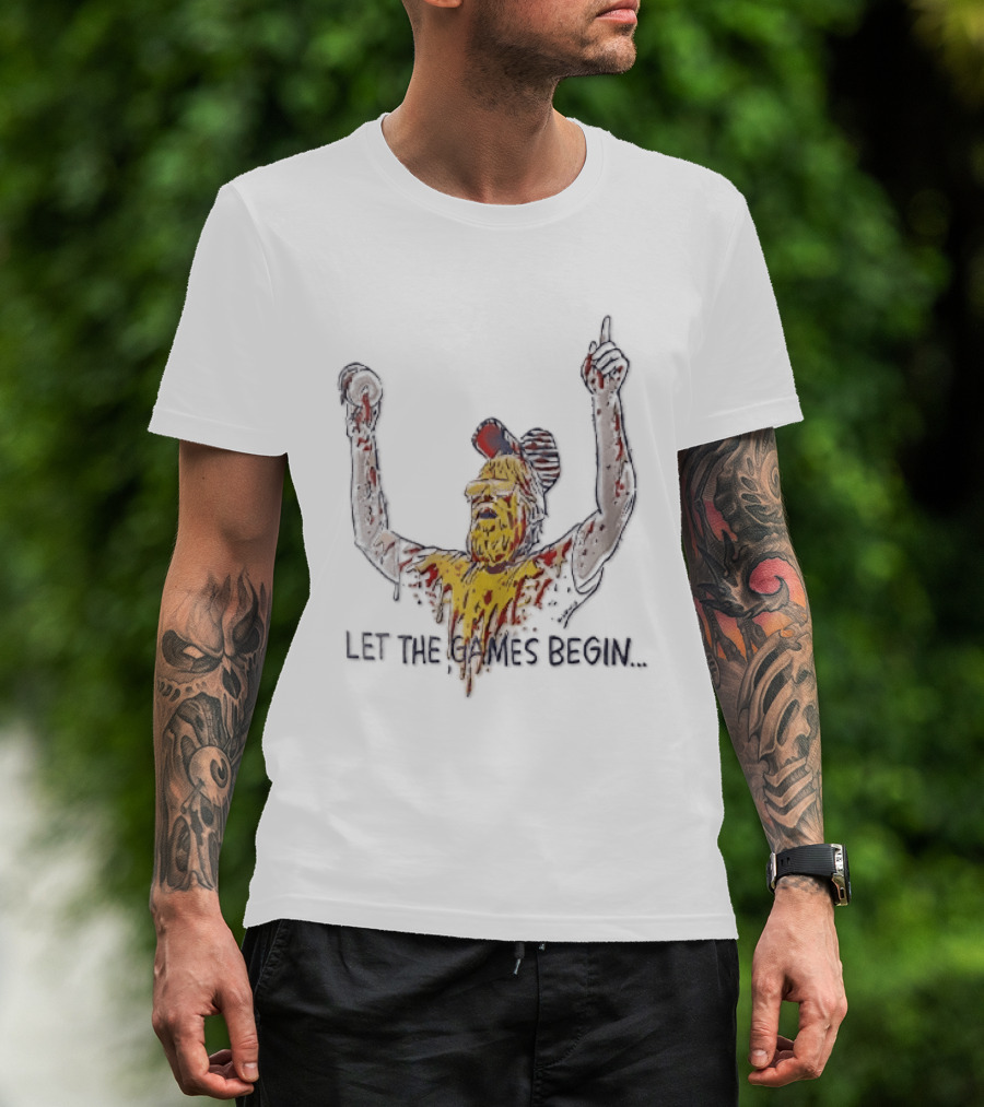 Let The Games Begin Caricature Beard Sunglasses Dripping Mustard Ketchup Line Arms Raised T-Shirt
