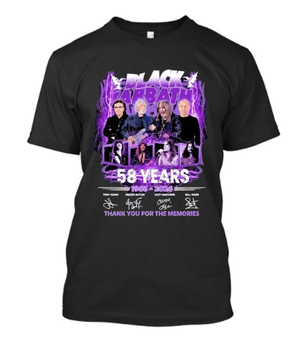 Black Sabbath 58 Years 1968 2026 Tony Iommi Geezer Butler Ozzy Osbourne Bill Ward Thank You For The Memories T-Shirt