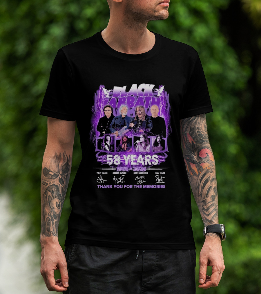 Black Sabbath 58 Years 1968 2026 Tony Iommi Geezer Butler Ozzy Osbourne Bill Ward Thank You For The Memories T-Shirt