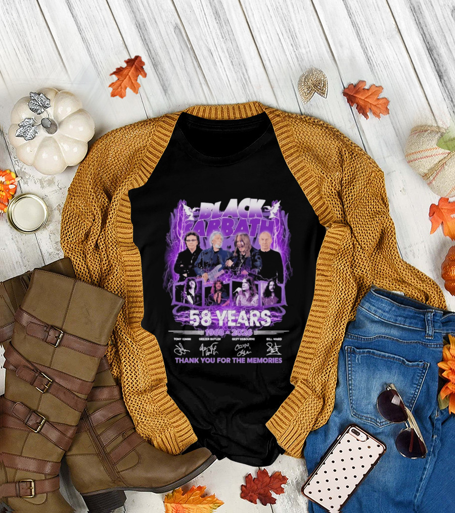 Black Sabbath 58 Years 1968 2026 Tony Iommi Geezer Butler Ozzy Osbourne Bill Ward Thank You For The Memories T-Shirt