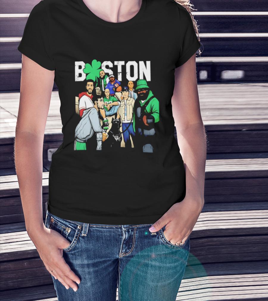 Boston Celtics Patriots Players With Shamrock And Boston T-Shirt