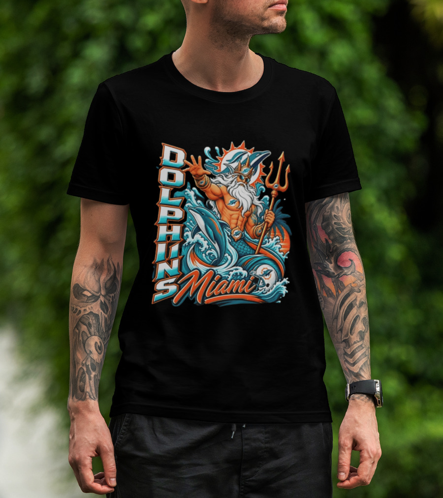 Miami Dolphins King Triton Ocean Waves Trident Dolphins T-Shirt