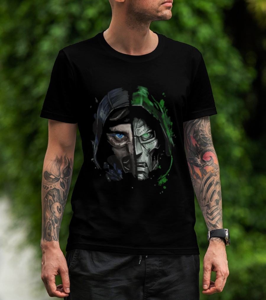 Doctor Doom Sub Zero Split Face Hooded Mask Paint Splatter T-Shirt