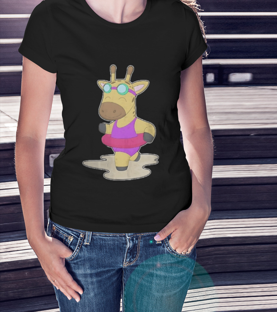 Giraffe Wearing Pink Swimsuit And Goggles With Inflatable Float Summer Fun T-Shirt