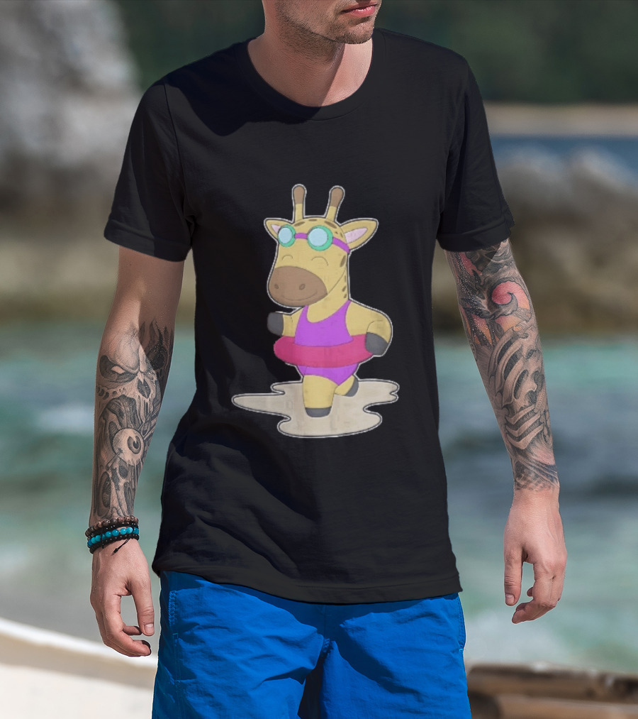Giraffe Wearing Pink Swimsuit And Goggles With Inflatable Float Summer Fun T-Shirt