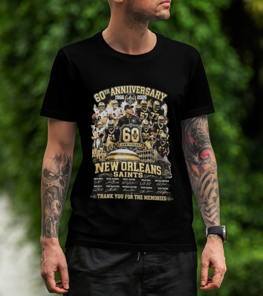 60th Anniversary 1966 2026 New Orleans Saints Thank You For The Memories Drew Brees Archie Manning Ricky Jackson T-Shirt