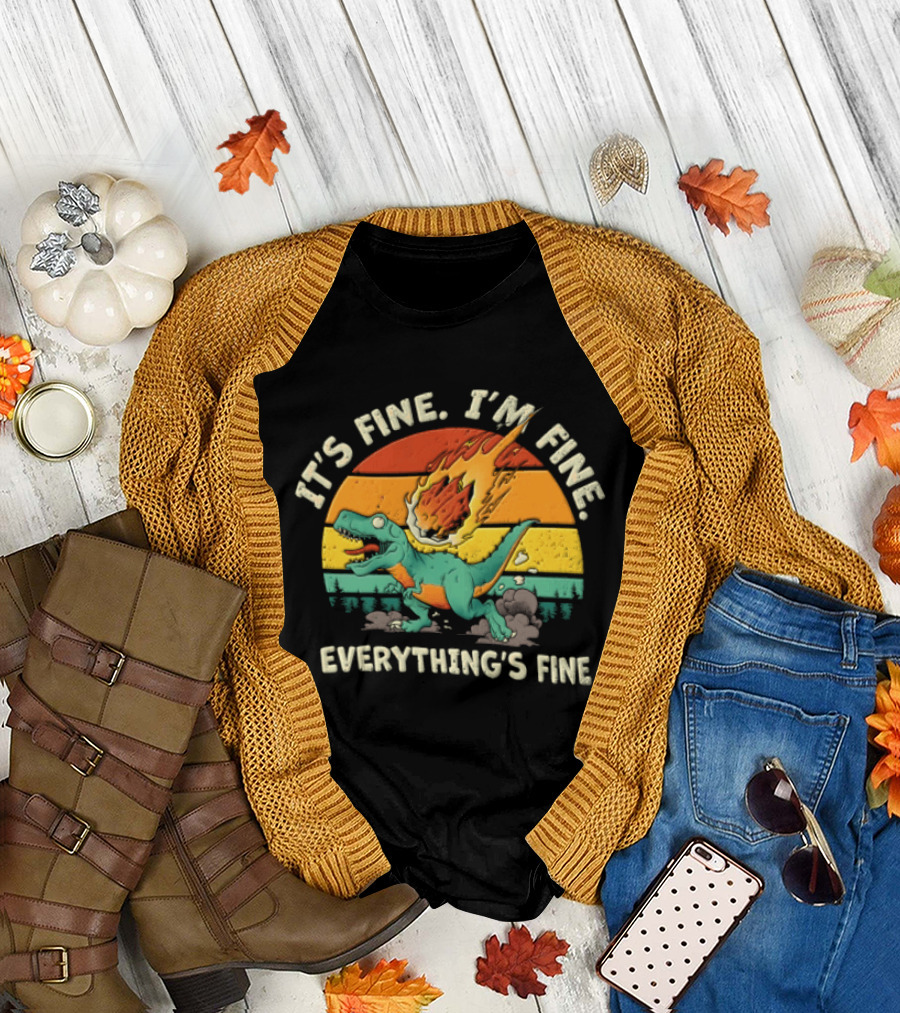It's Fine I'm Fine Everything's Fine Cartoon Rex Running Meteor Sunset T-Shirt
