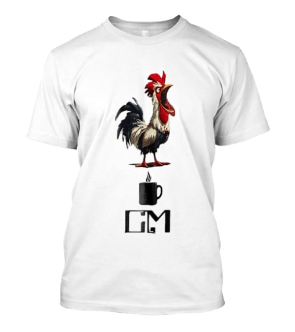 GM Cartoon Crowing Rooster Steaming Black Coffee T-Shirt