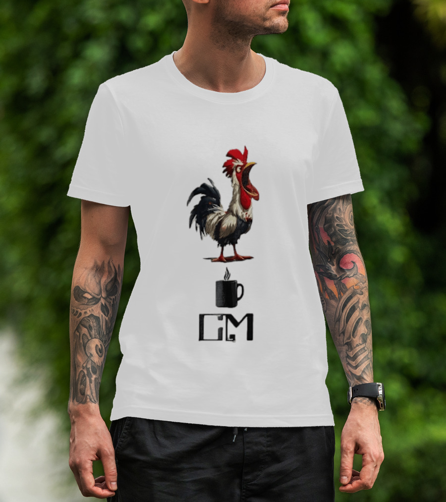GM Cartoon Crowing Rooster Steaming Black Coffee T-Shirt