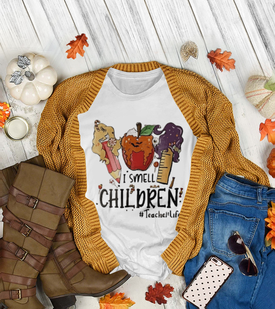 I Smell Children Teacherlife Sanderson Sisters Halloween Pencil Apple Ruler Cartoon T-Shirt