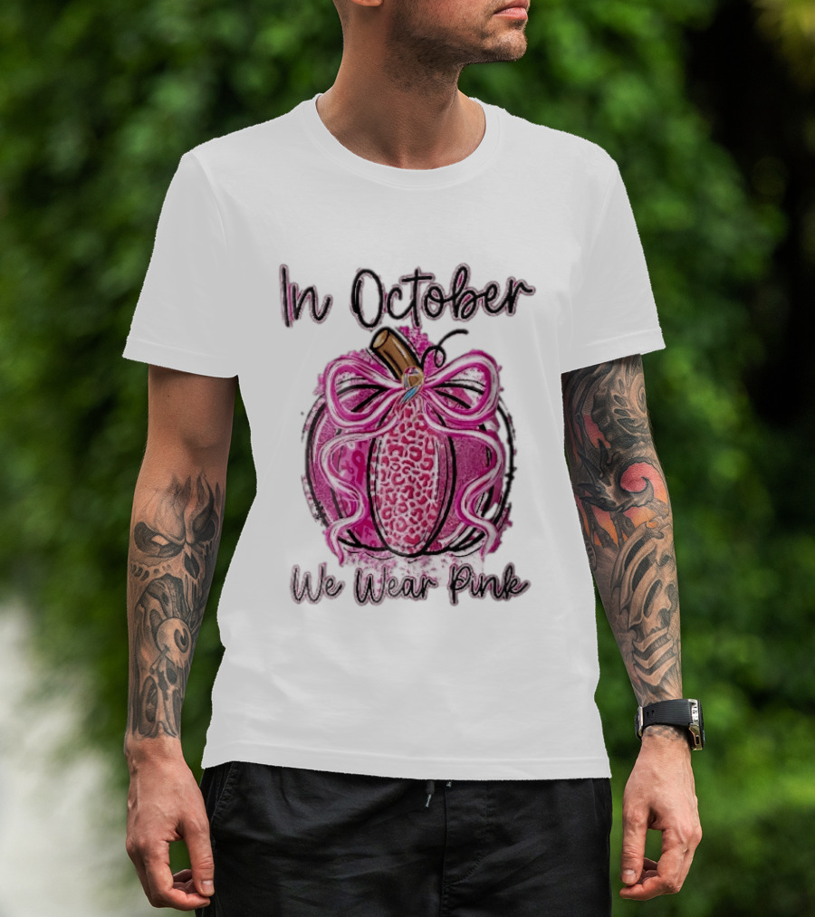 In October We Wear Pink Leopard Pumpkin Breast Cancer Ribbon Bow T-Shirt