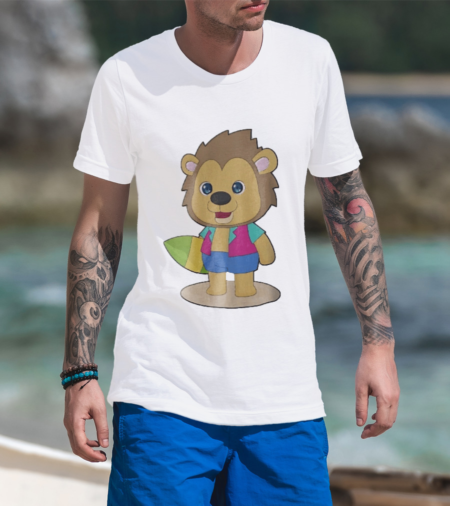 Lion Summer Surfing Adventure Cartoon T-Shirt