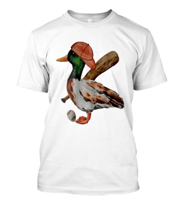 Mallard Duck Baseball Player Red Cap Wooden Bat Watercolor Mallard T-Shirt